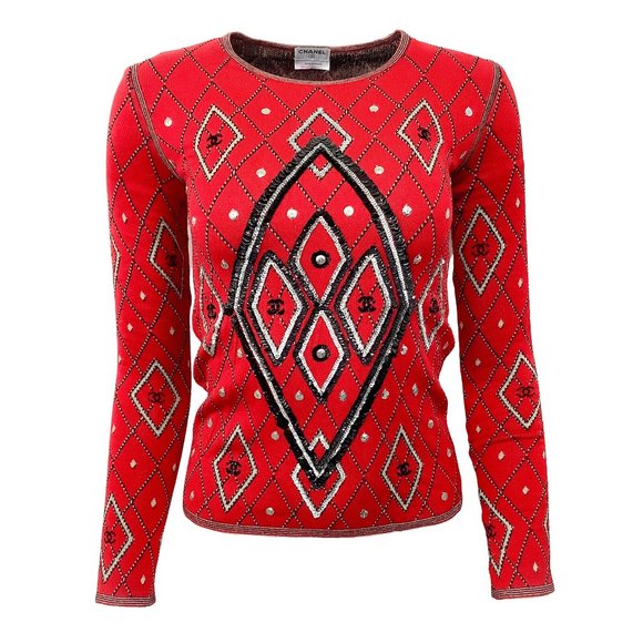 Chanel Sequined Diamond Red / Black / White Sweater - Picture 1 of 6